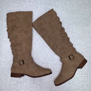 JustFab NWB Marnie Corset Back Boot Taupe/Tan